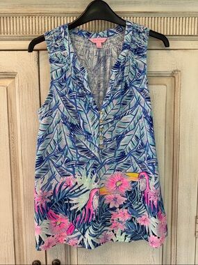Lilly Pulitzer Blue Tropical Leaf & Pink Toucan Print Sleeveless Blouse
